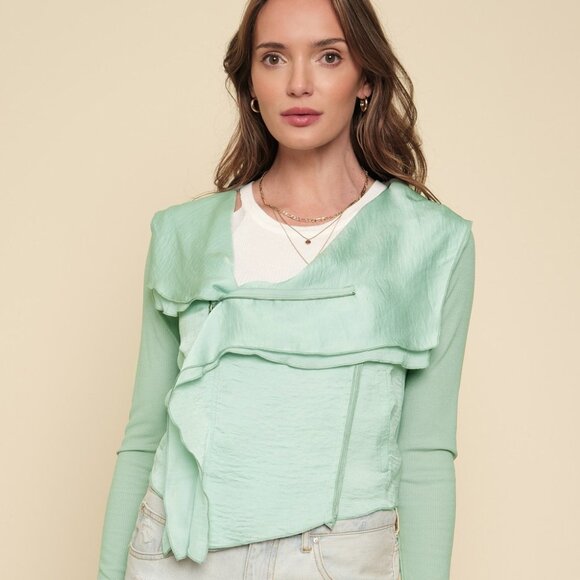 MYSTREE Mint Green Layered Zip Ruffle Top, Lightweight Long Sleeve Statement - Picture 1 of 7